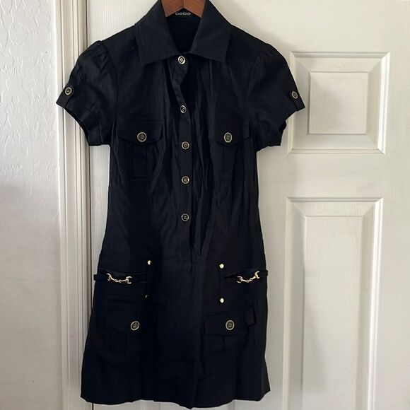 Y2K Bebe Black Gold Buttons Clasp Linen Blend Dress Feminine Club Event Party - Picture 1 of 11